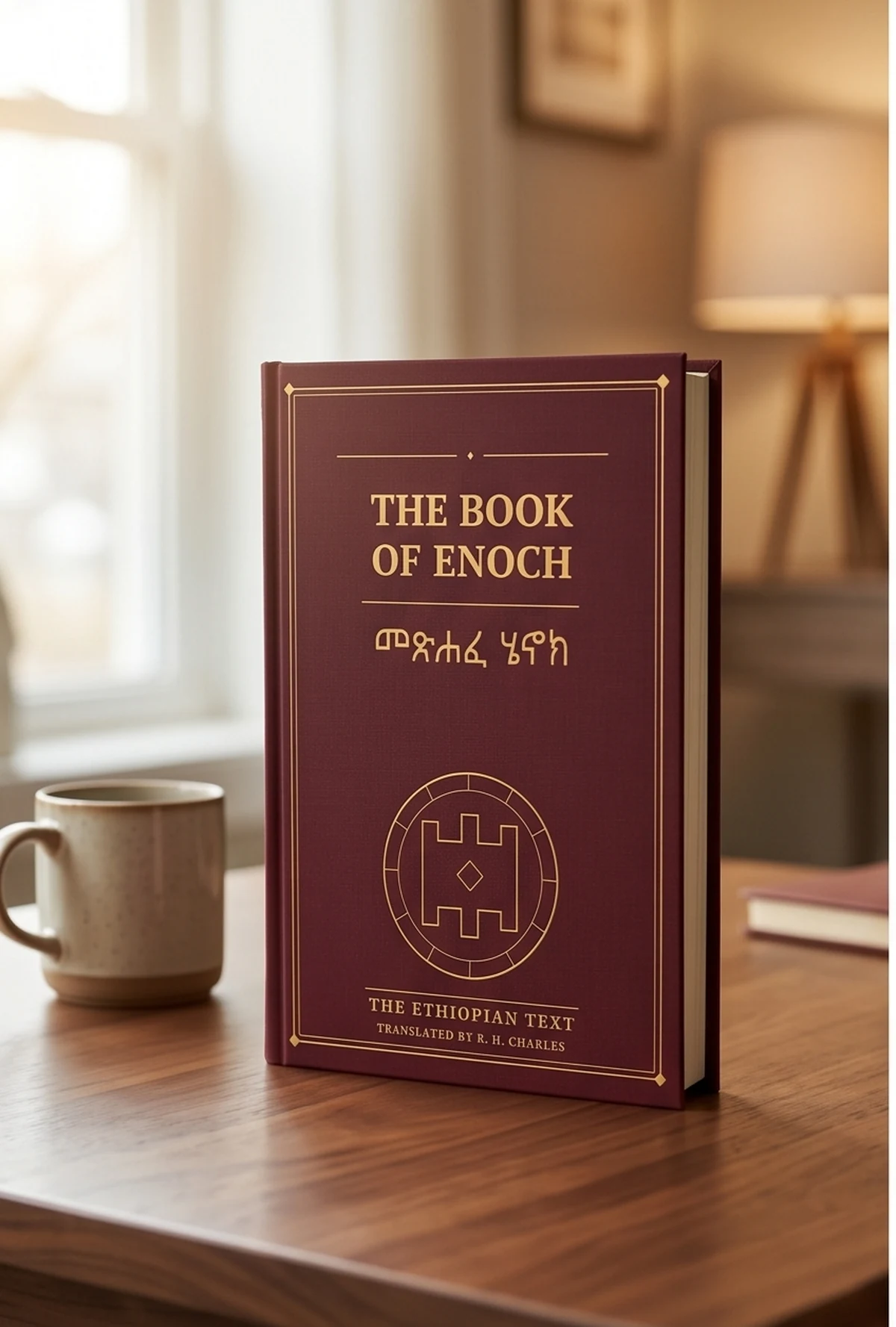 The Book of Enoch hardcover on a desk beside a coffee mug